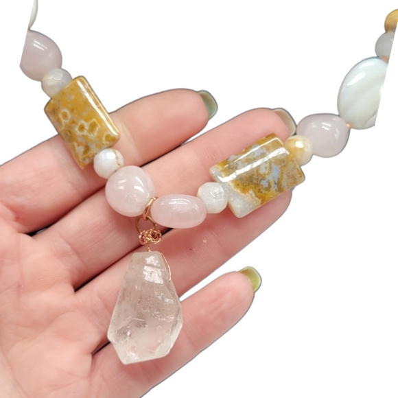 Artisan Natural Stone Necklace Quartz Rose Quartz Jasper Raw Quartz Pendant - Picture 2 of 6